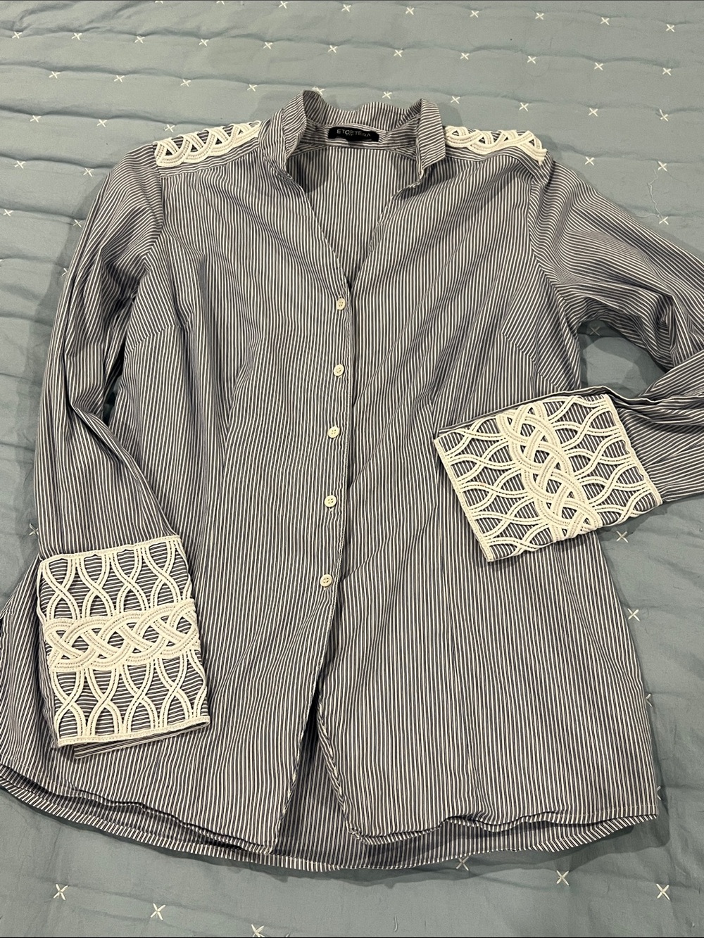 Etcetera Navy and White Striped Button-Down Blouse with Lace Detail